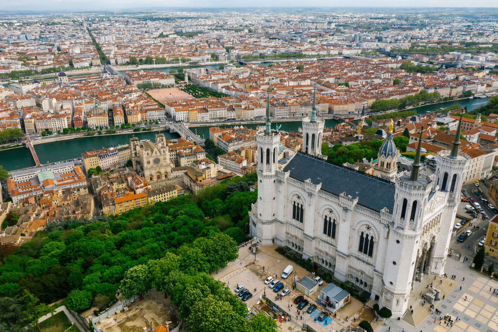 Aerial View of the Notre-Dame de Fourviere Basilica in Lyon France 